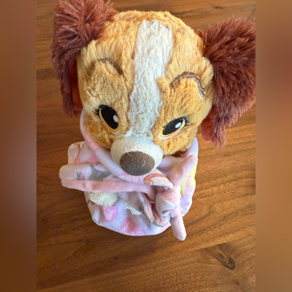 Disney Parks Babies Plush LADY & Tramp Baby Dog in Blanket Pouch Stuffed Toy.